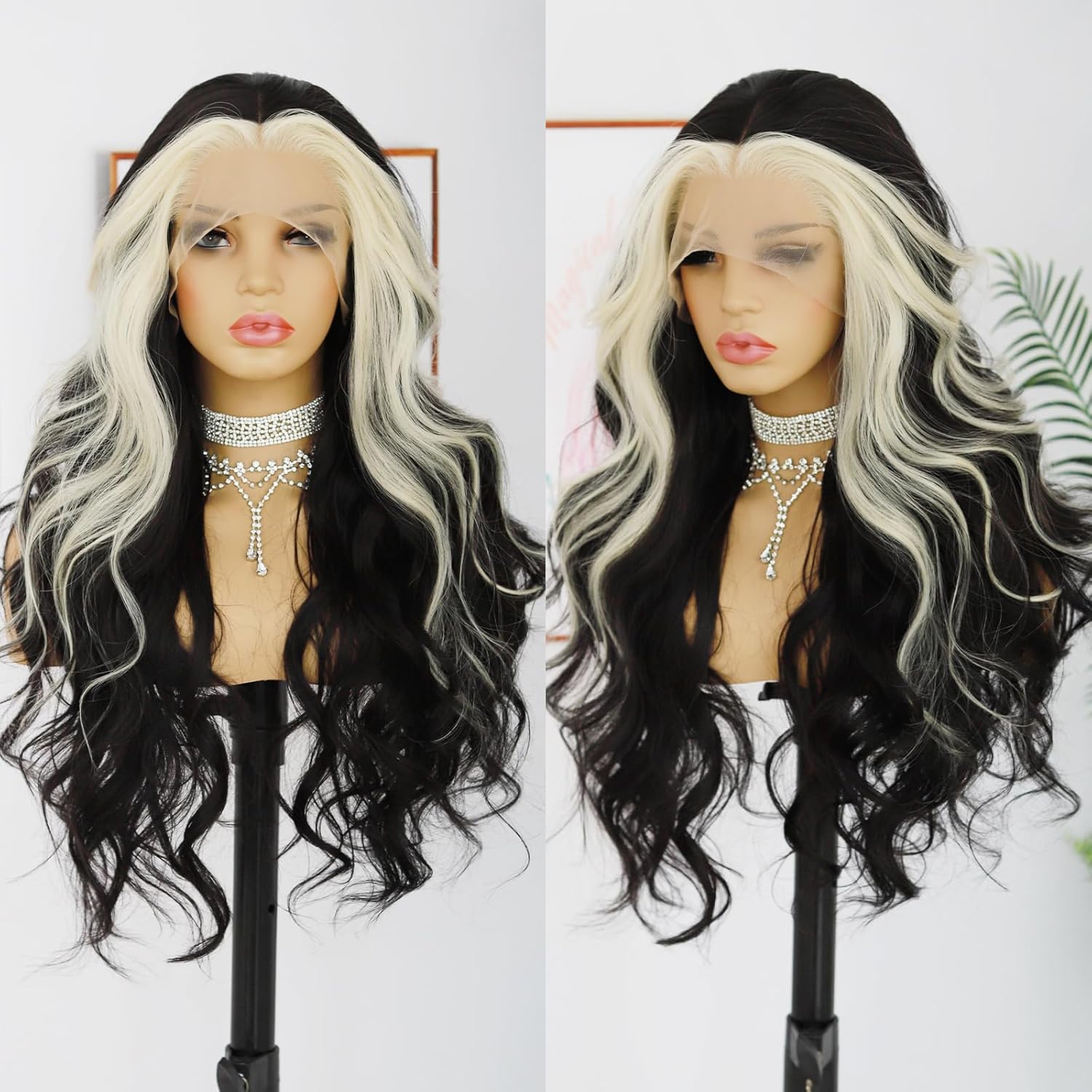 ANDRIA Peluca rubia con encaje frontal a rayas, color negro y rubio, peluca larga ondulada sin pegamento, peluca de encaje transparente, peluca de