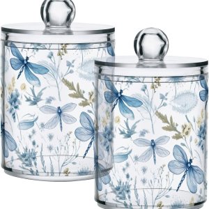 Paquete de 2 dispensadores de soporte Qtip con tapas, recipientes de almacenamiento de plástico con libélulas florales azules, organizador de Paquete de 2 dispensadores de soporte Qtip con tapas, recipientes de almacenamiento de plástico con libélulas florales azules, organizador de