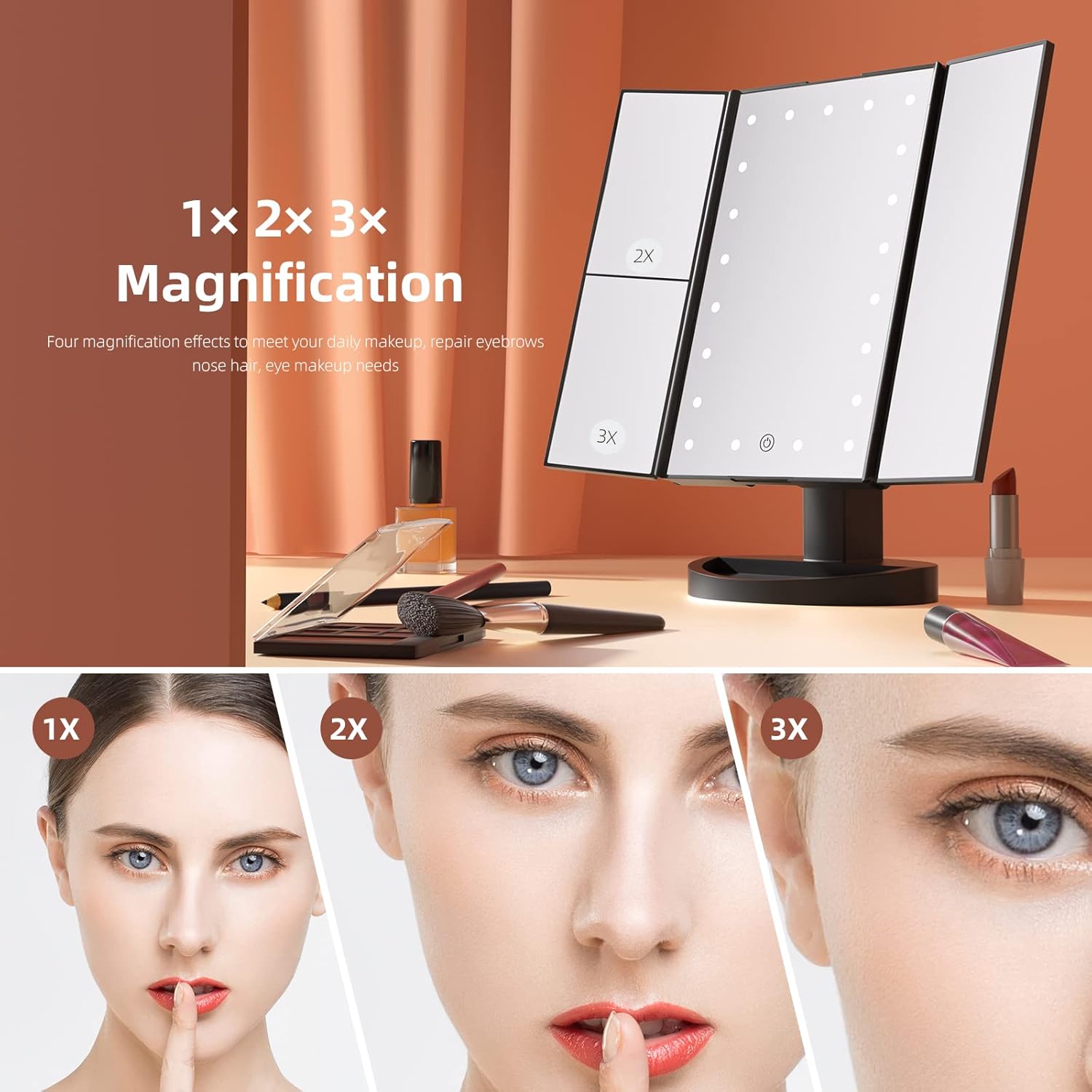 Essbhach Espejo de maquillaje con 21 luces LED, 4 ampliaciones y atenuación de pantalla táctil, rotación de 180 con doble potencia y brillo