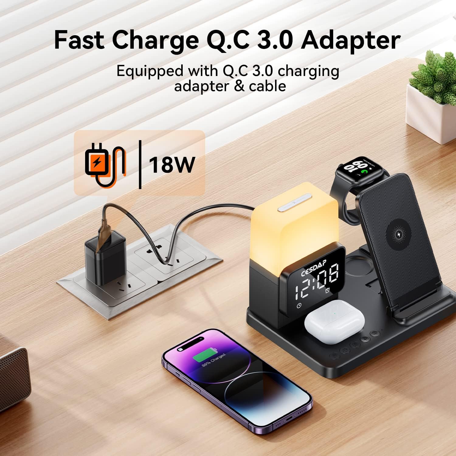 C3 Pro – Estación de carga plegable 6 en 1 para múltiples dispositivos con luz de reloj despertador, cargador de 18 W para iPhone 1514131211 para