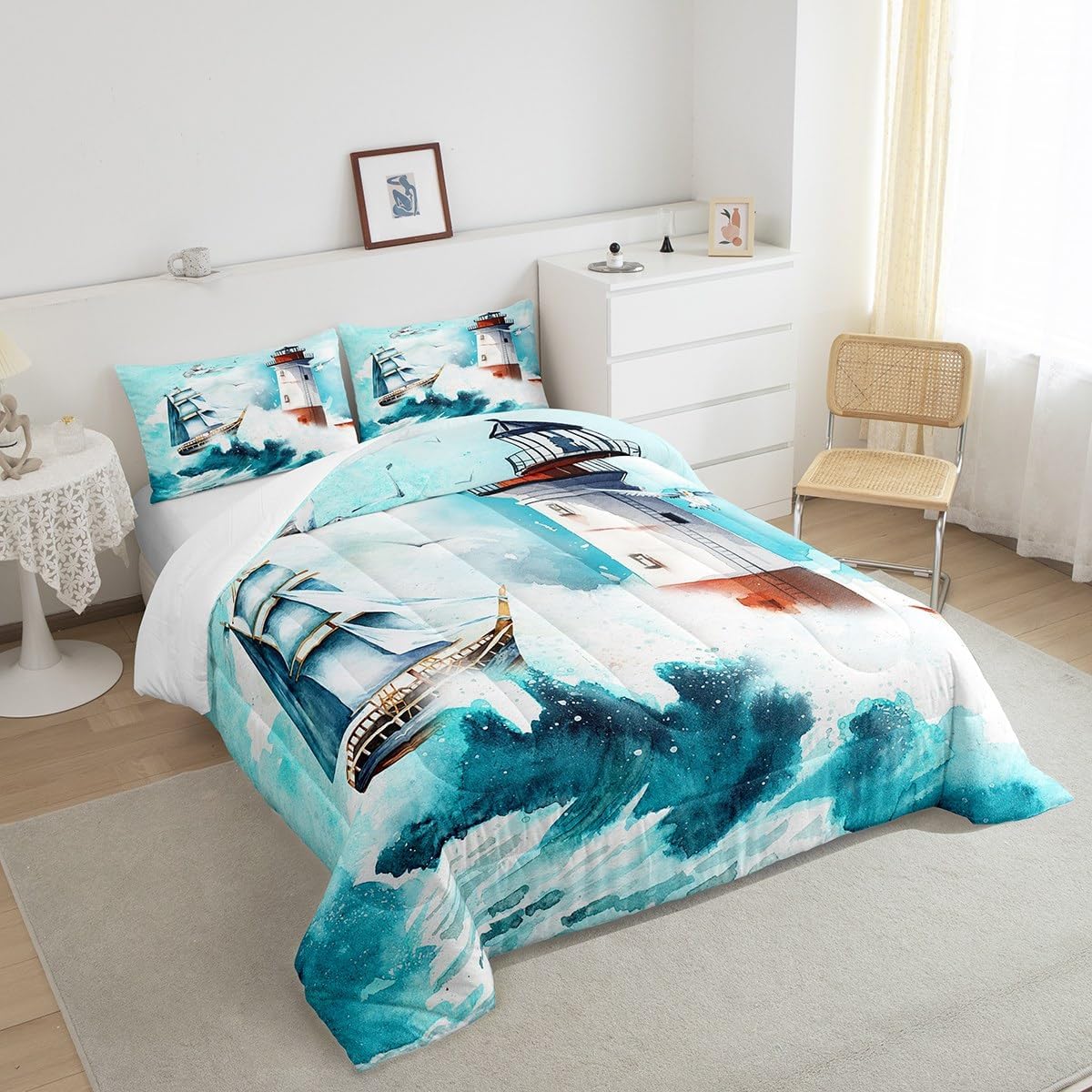 Castle Fairy Juego de edredón náutico tamaño individual, juego de ropa de cama de 2 piezas para niños, adolescentes, niños, niñas, decoración de
