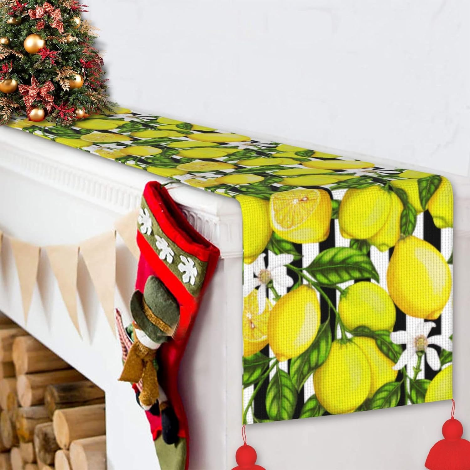 Camino de mesa de Navidad de limón, decoración de mesa de comedor, decoración de Navidad, decoración de interiores del hogar, caminos de mesa de