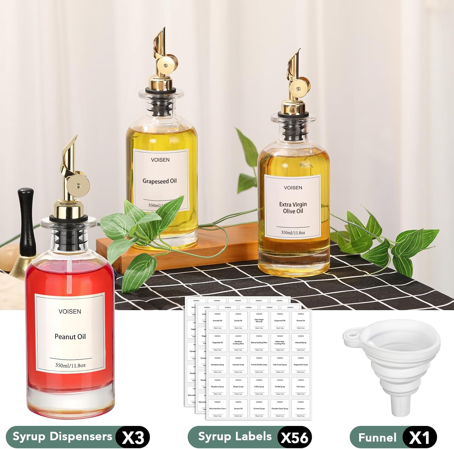 VOISEN Botella dispensadora de aceite de oliva para cocina, juego de 3 botellas de aceite de vidrio, dispensador de jarabe de café, recipiente de