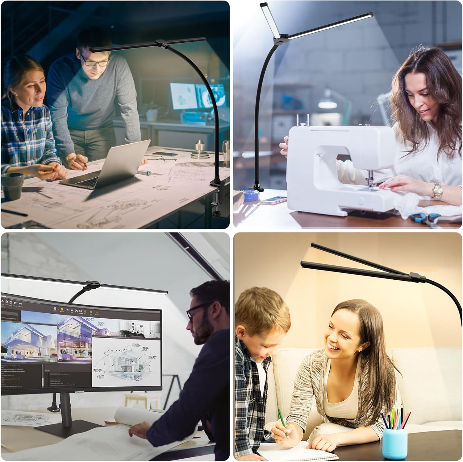 ShineTech Led Desk Lamp for Office Home, Bright Double Head Desk Light with Clamp, Architect Task Lamp 50 Lighting Modes Adjustable Flexible