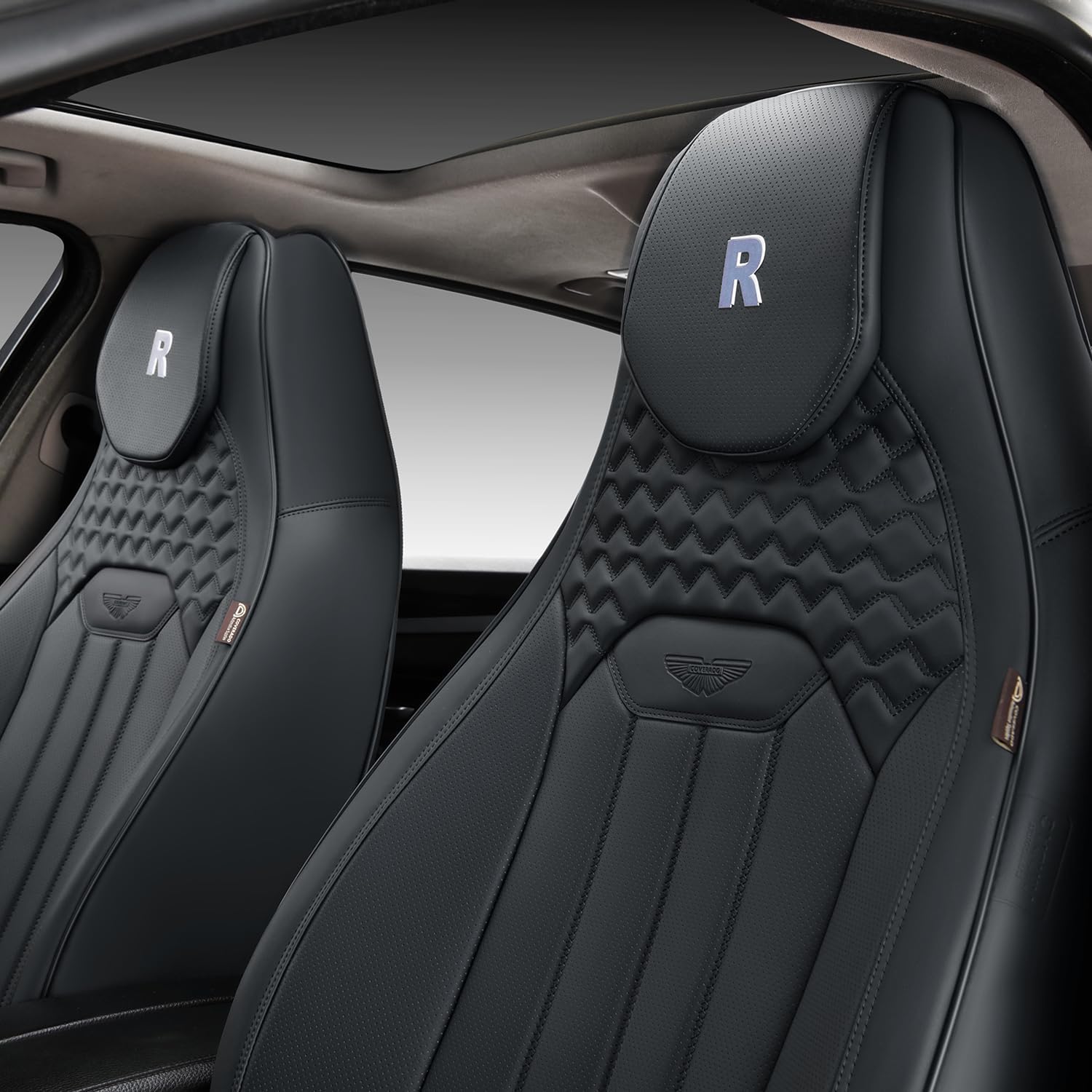 Coverado Juego completo de fundas de asiento de automóvil, fundas de asiento de cubo para 5 asientos, fundas de asiento de cuero de napa para