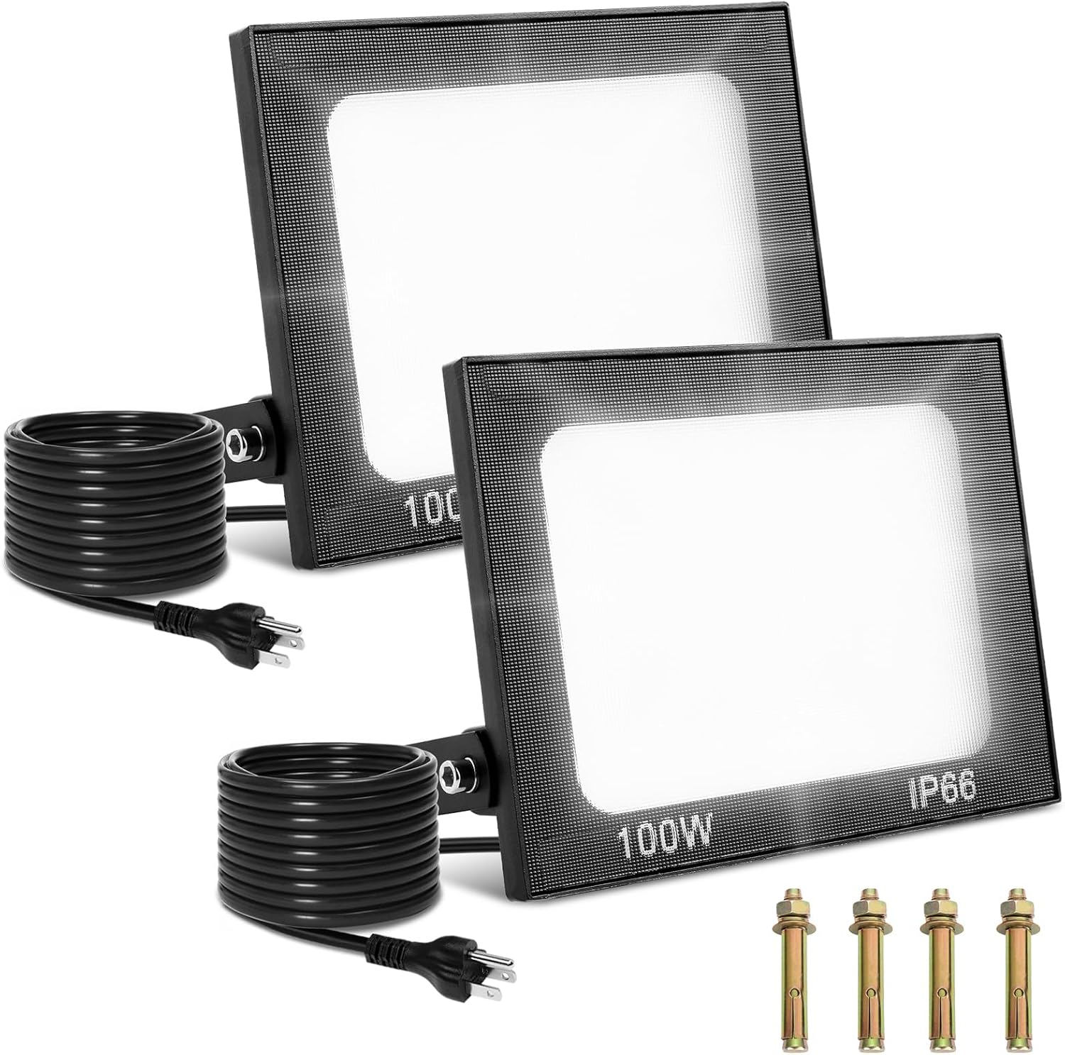 Paquete de 2 luces LED de inundación para exteriores de 100 W con enchufe de 10,000 lm, luz de trabajo LED súper brillante, IP66, impermeable, para
