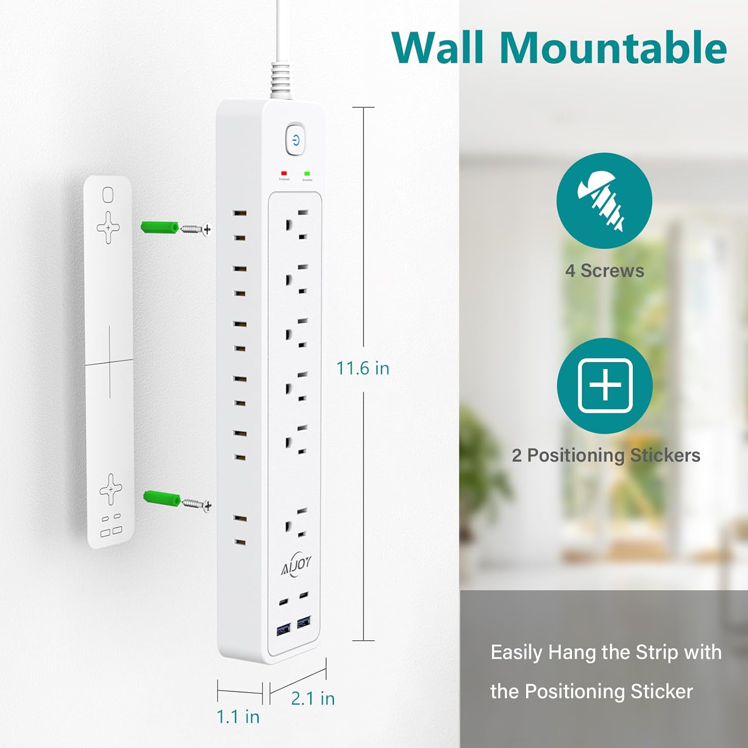 Paquete de 2 regletas de protección contra sobretensiones con 4 puertos USB (2 USB-C), 12 salidas de CA, protección contra sobretensiones de 1500J,