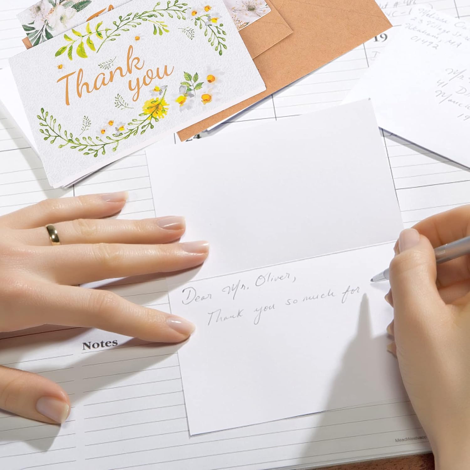 Tarjetas de agradecimiento con sobres de papel kraft y calcomanías a juego, 100 tarjetas de agradecimiento de plantas verdes, tarjetas de