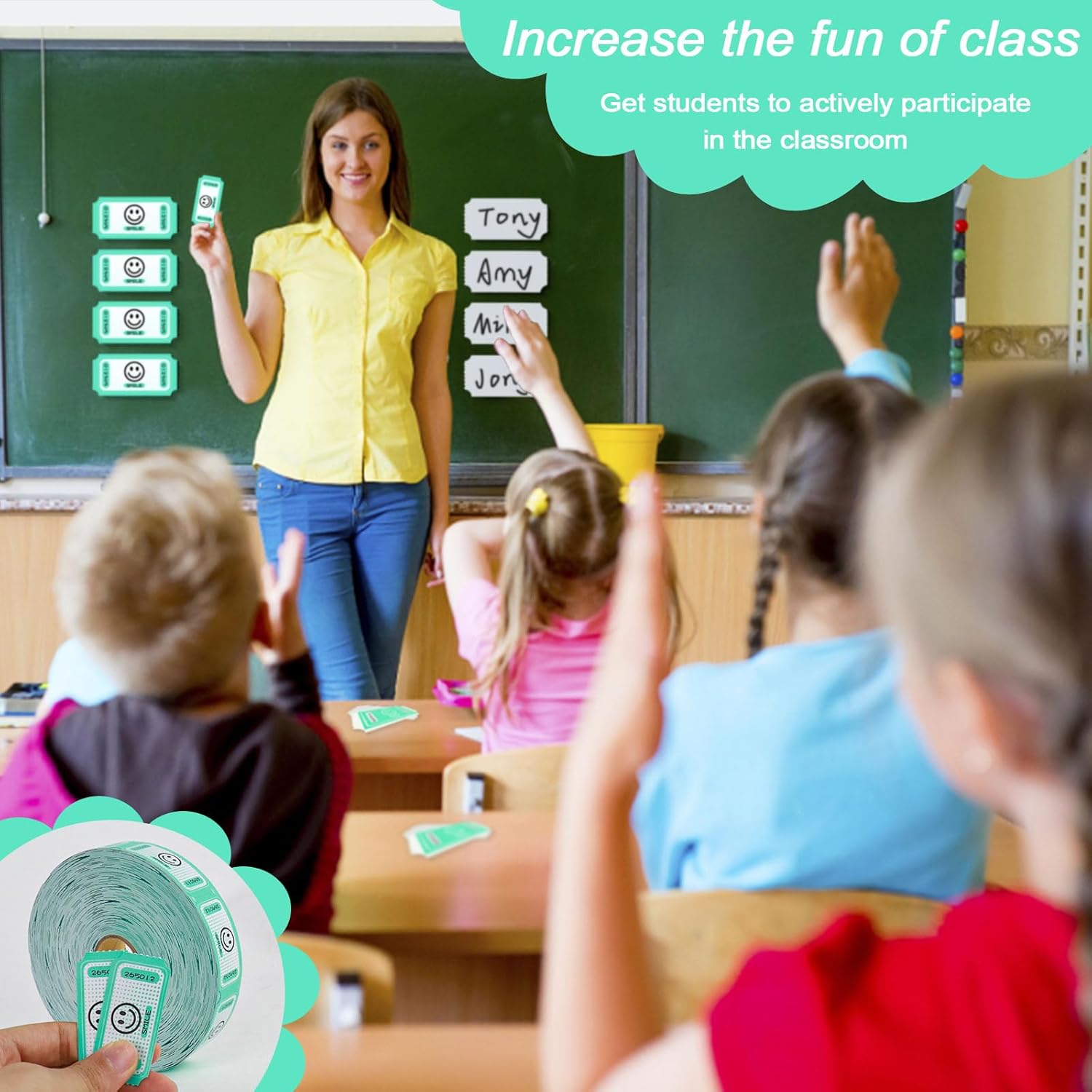 Boletos para rifas de un solo rollo, boletos sonrientes para eventos, entradas, recompensas de clase, recaudación de fondos y premios Rollo de 1000