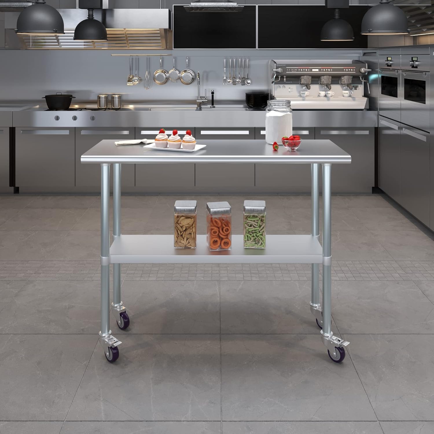 Mesa de trabajo AmGood de acero inoxidable de 18 x 48 pulgadas con ruedas  Mesa móvil de metal  Preparación de alimentos
