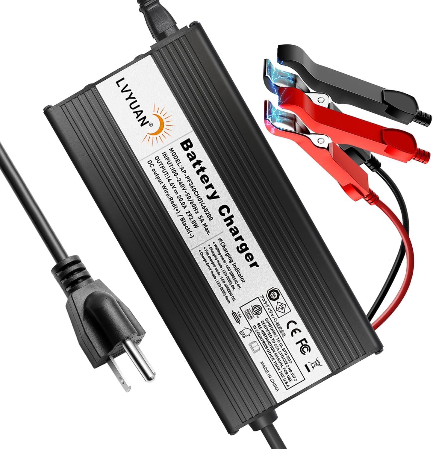 LVYUAN Cargador de batería LiFePO4 de 14.6V 20A, cargador de batería inteligente automático y mantenimiento de desulfatador con chip inteligente