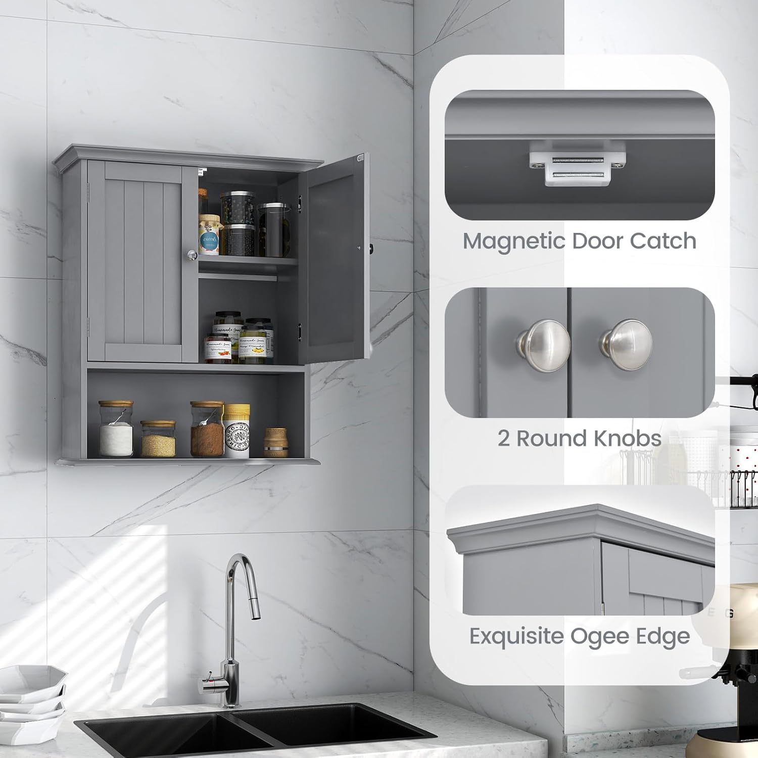 Tangkula Armario de pared de baño, armario colgante de madera con puertas y estantes, gabinete de almacenamiento multiusos para baño, cocina, sala
