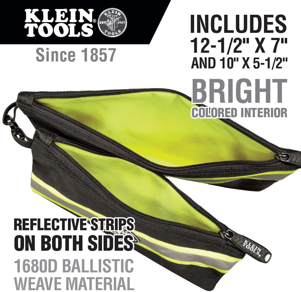Klein Tools 55599 Bolsas con cremallera, bolsas de herramientas de alta visibilidad, tejido balístico 1680d resistente, negro, gris reflectante,