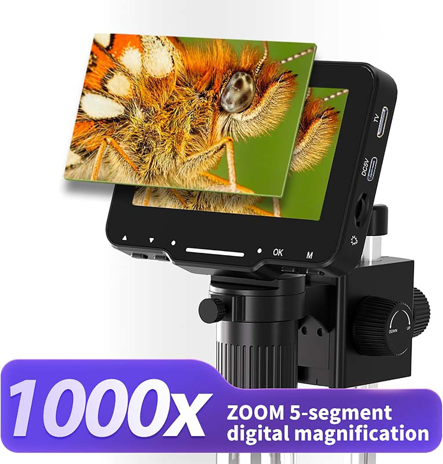Microscopio digital LCD HDMI, microscopio digital LCD de 4.3 pulgadas, 1000x, microscopio de moneda, lupa de monedas con 8 luces LED ajustables,