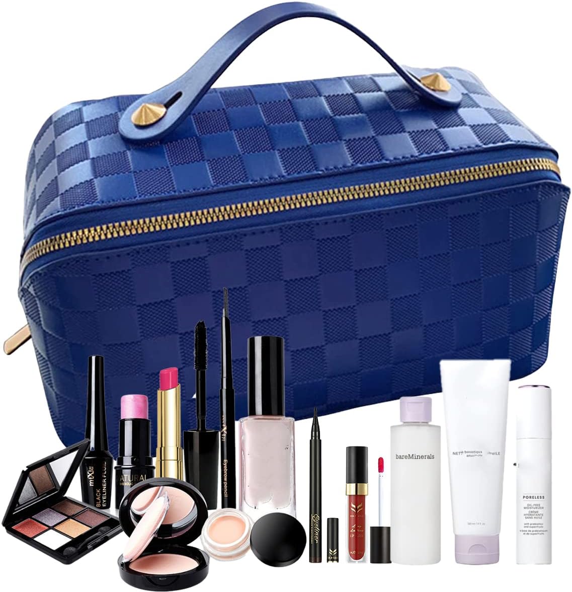CIREA Bolsa de cosméticos de viaje de gran capacidad marrón a cuadros bolsa de maquillaje PU cuero impermeable bolsa de cuidado de la piel con mango
