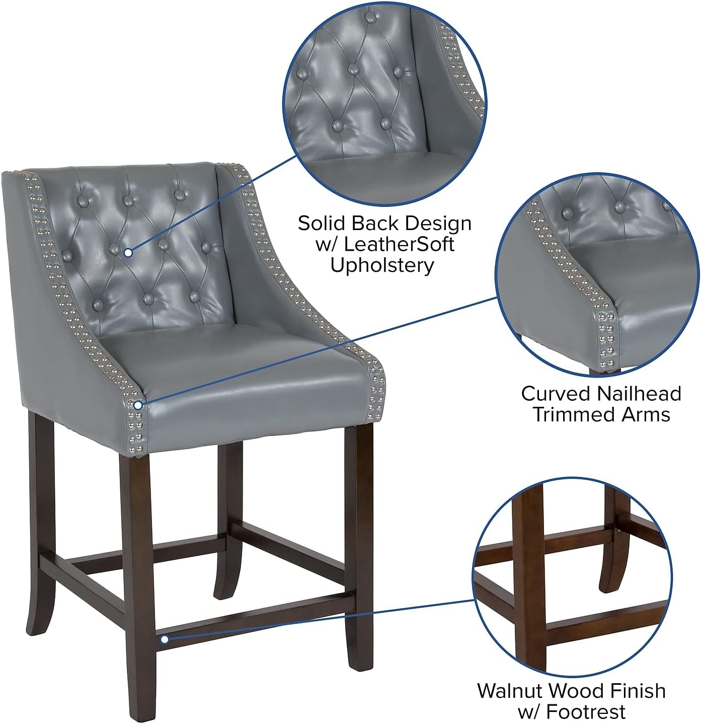 Flash Furniture Carmel Series – Taburete de transición de 24 pulgadas de altura de nogal copetudo con adornos de uñas en LeatherSoft gris claro