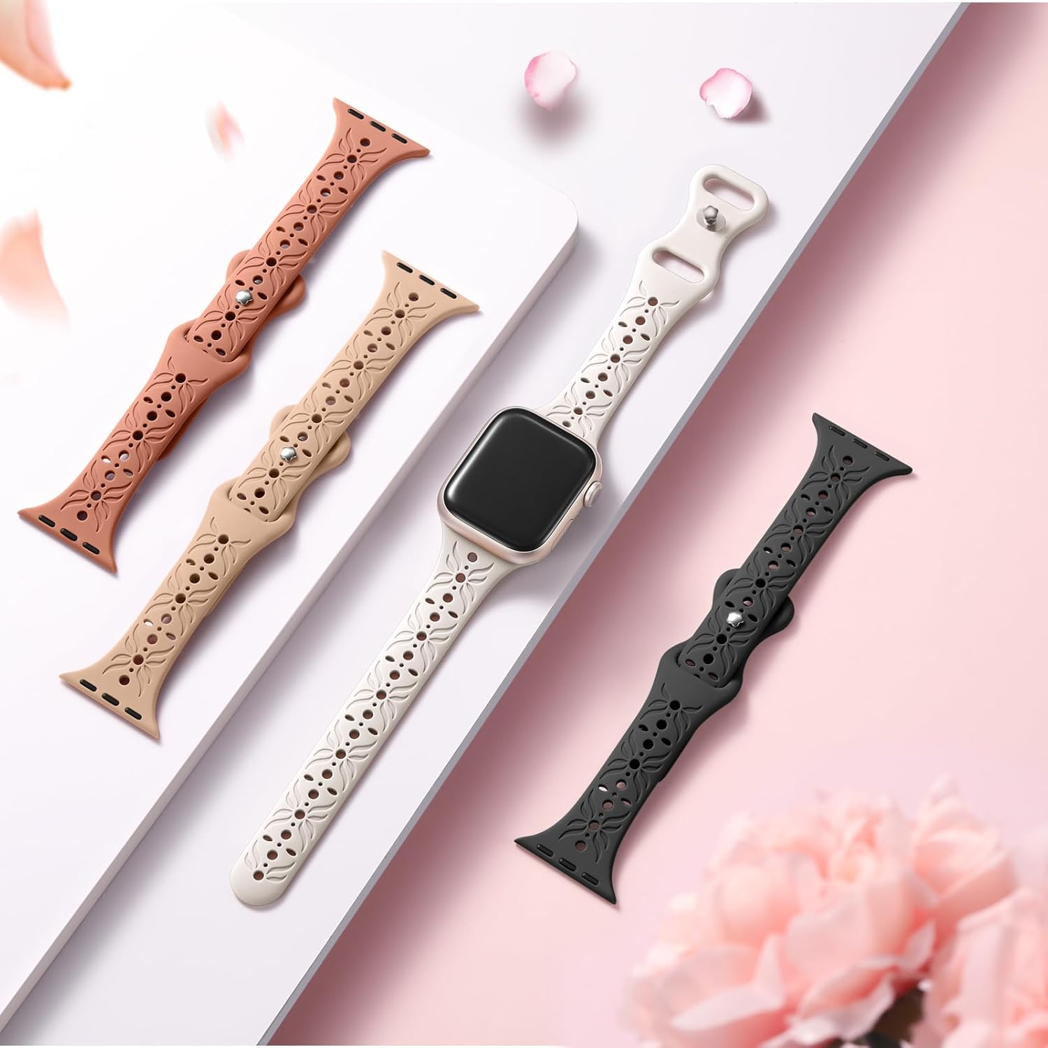 Maledan Paquete de 4 correas de silicona delgadas compatibles con Apple Watch Band de 1.496 in, 1.575 in, 1.614 in, 1.654 in, 1.732 in, 1.772 in,