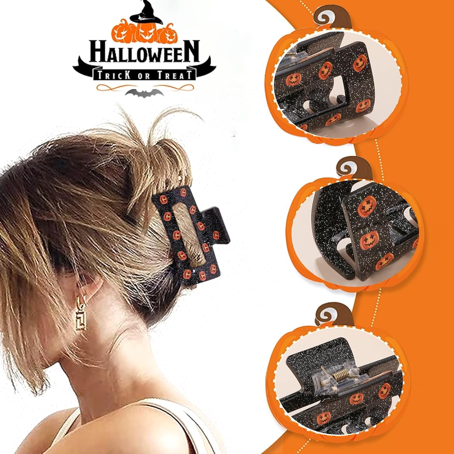 Pinzas para el cabello de Halloween, diseño de calabaza con purpurina de Beleki para mujer, pinzas de mandíbula novedosas, pasadores para el
