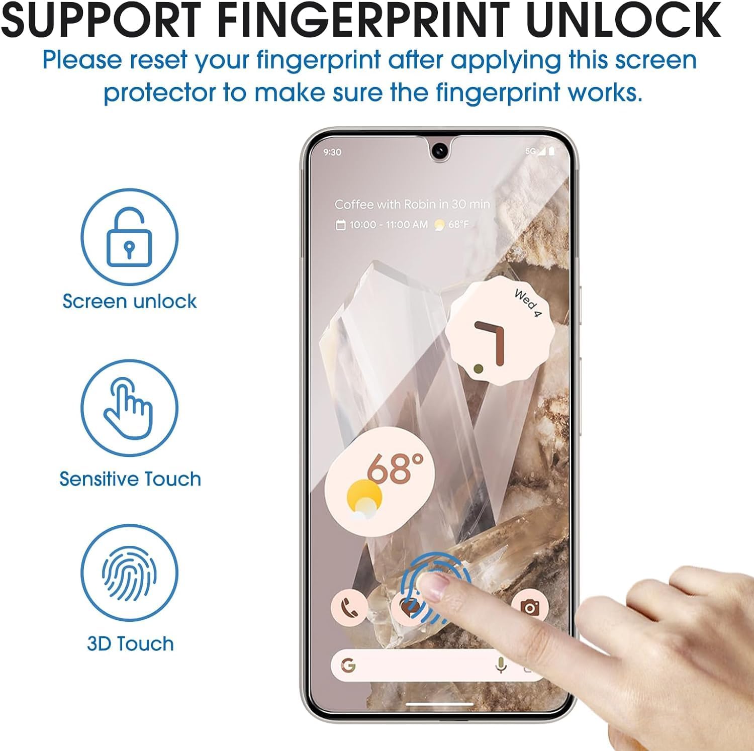 amFilm Protector de pantalla de vidrio templado para Google Pixel 8 Pro, compatible con huellas dactilares ultrasónicas, con marco de fácil