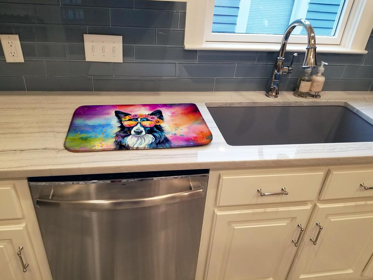 Caroline’s Treasures DAC2466DDM Border Collie Hippie Dawg Dish Drying Mat Absorbent Dish Drying Mat Pad for Kitchen Counter Dish Drainer Mat for