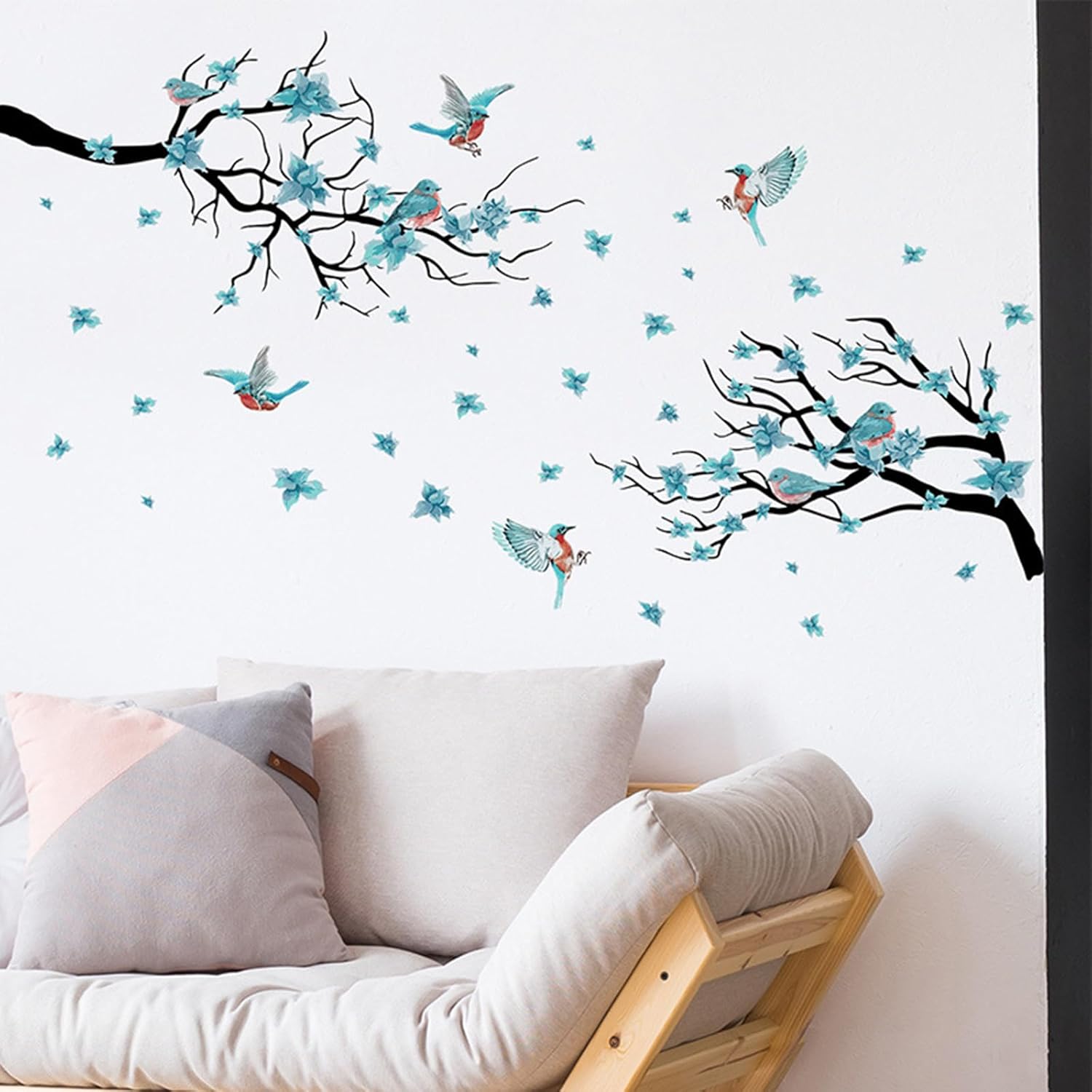 Calcomanías de pared de acuarela con flores azules (52.3 x 30.3 pulgadas), calcomanías de pared con flores y pájaros, ramas de árbol, sala de estar,