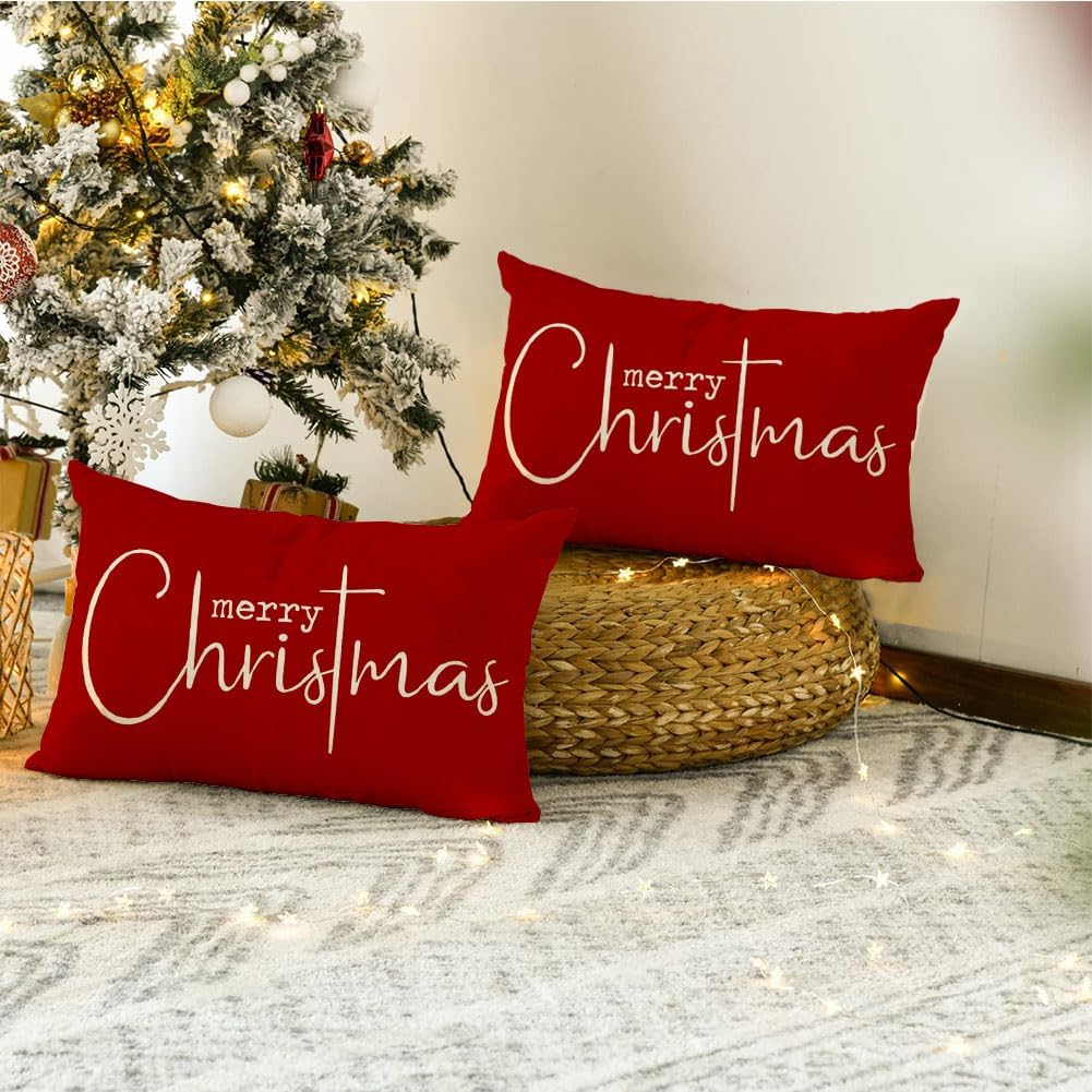 RABUSOFA Fundas de almohada de Navidad de 12 x 20 pulgadas, fundas de almohada rojas de Navidad, almohadas decorativas, fundas de cojín de Navidad