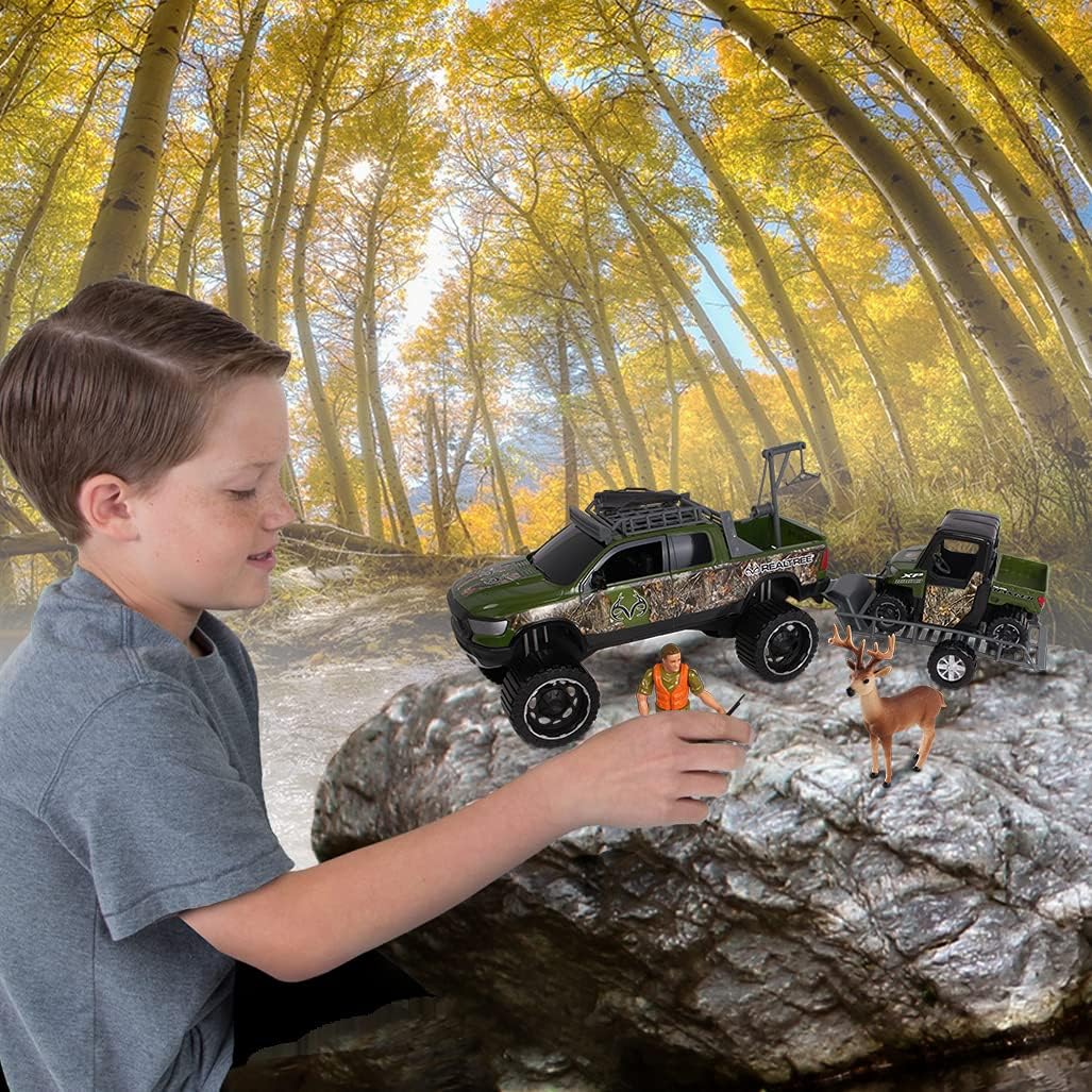 NKOK Realtree – Juego de 9 piezas a escala 118, juego de 9 piezas, RT Ram 1500 Rebel Polaris Ranger en remolque y accesorios (elevador de juego,