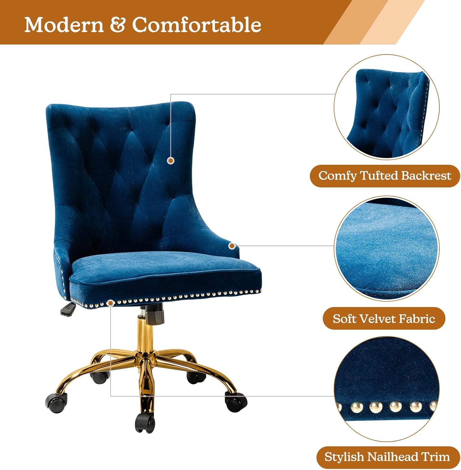 TINA’S HOME Silla de oficina de terciopelo sin brazos con base dorada y ribete de cabeza de clavos, moderna silla de escritorio tapizada capitoné