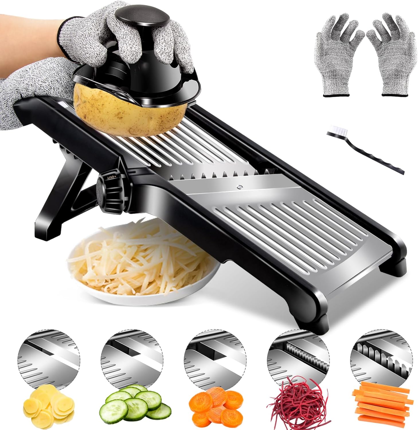 Almcmy Cortador de mandolina para cocina, cortador de alimentos de mandolina ajustable de acero inoxidable con guantes resistentes a cortes, picador
