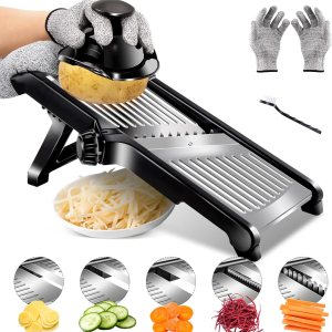 Almcmy Cortador de mandolina para cocina, cortador de alimentos de mandolina ajustable de acero inoxidable con guantes resistentes a cortes, picador Almcmy Cortador de mandolina para cocina, cortador de alimentos de mandolina ajustable de acero inoxidable con guantes resistentes a cortes, picador