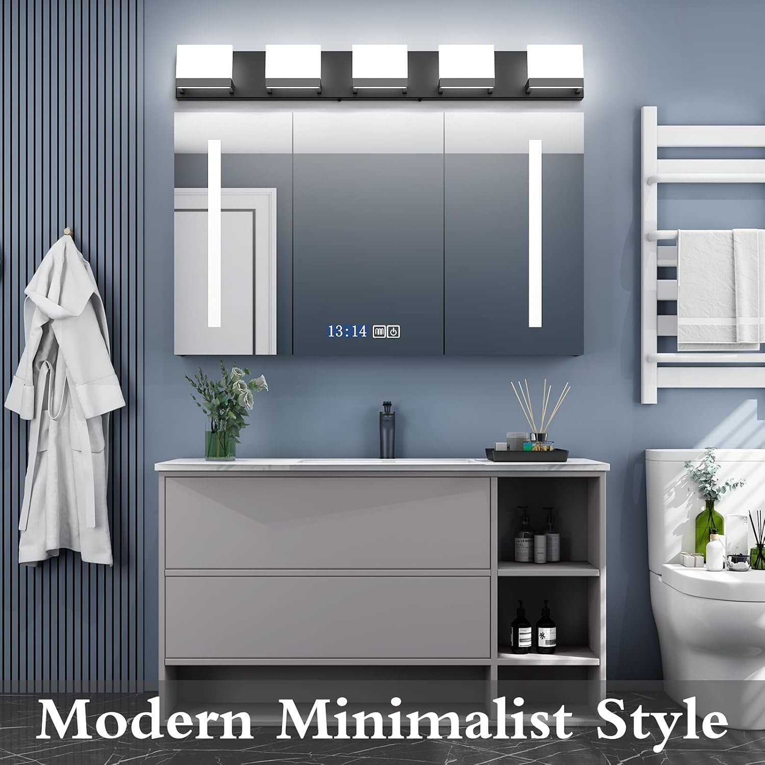 Tipace – 5 Lámparas de tocador, modernas, de color negro, con luz led arriba y abajo, para colocarlas sobre el espejo del tocador del baño, de 6,000K