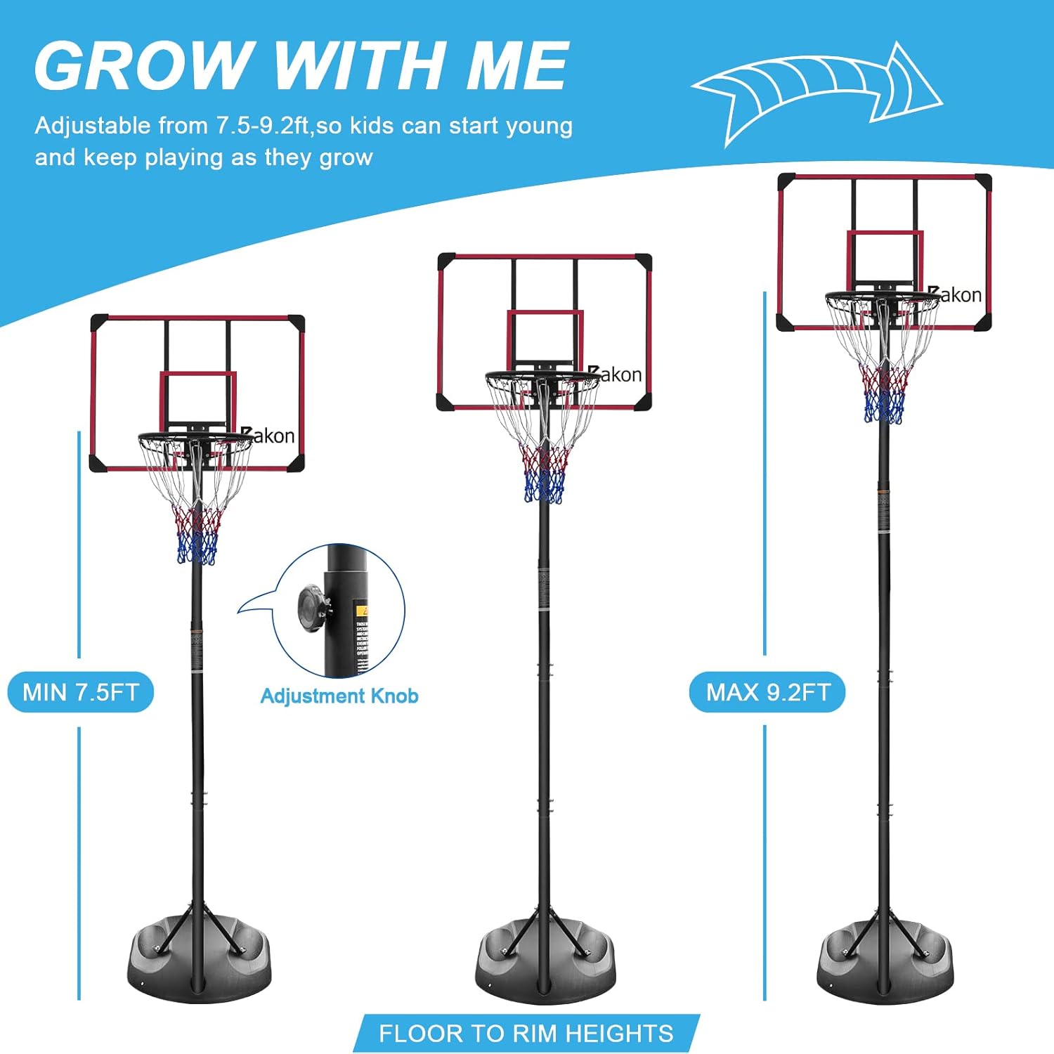 PULANG Aro de baloncesto portátil de altura ajustable de 7.5 a 9.2 pies, sistema de tablero de baloncesto para jóvenes y adultos, color negro