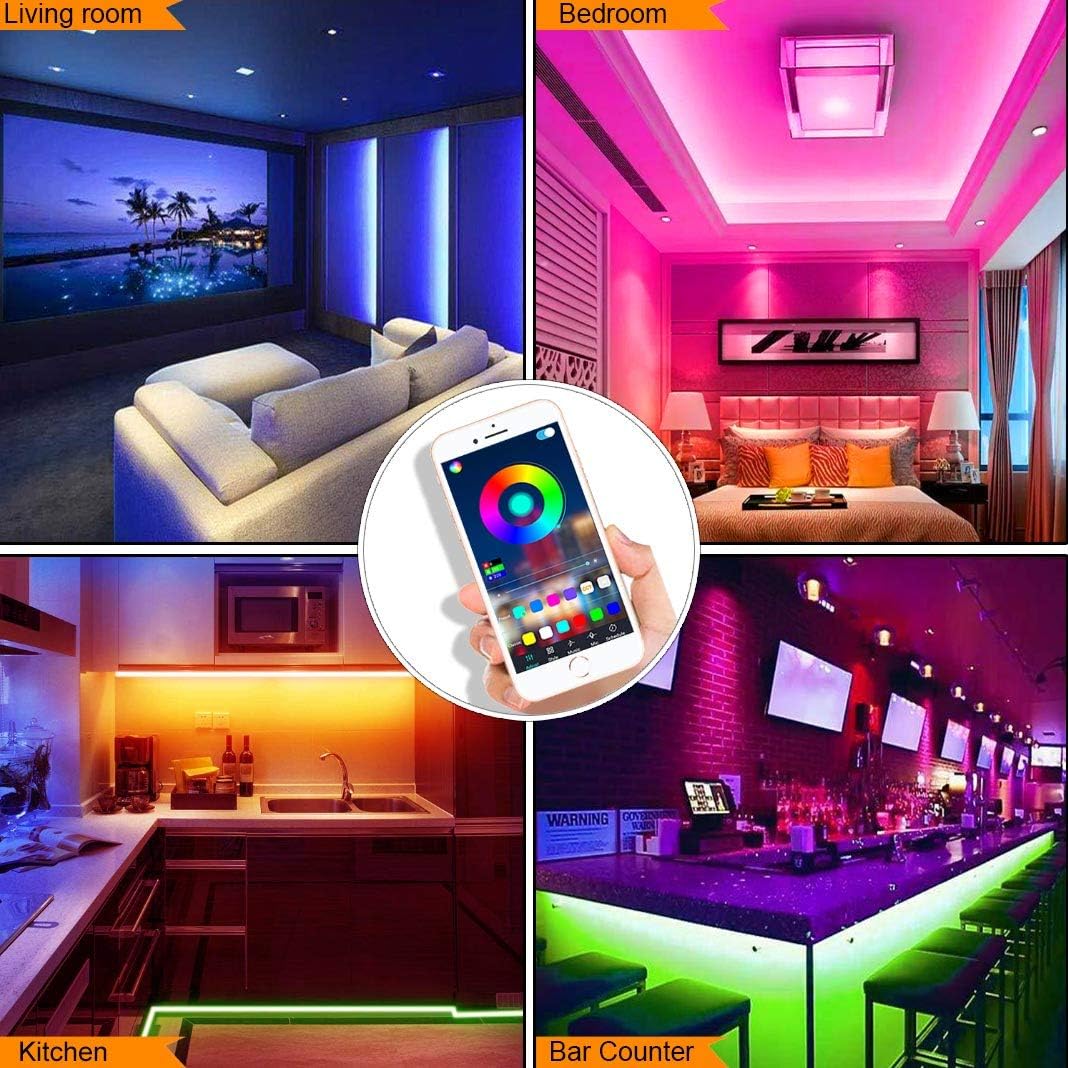 Tira de luces LED, tiras de luz LED de 65.6 pies, multicolor, 5050 luces de cinta LED, sincronización de música, cambio de color, control remoto,