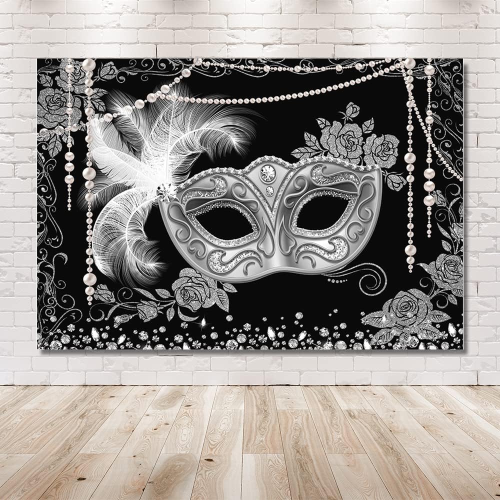 MEHOFOND Telón de fondo de bola de máscaras, color negro, plateado para fiesta de máscaras, fondo para fotografía, Mardi Gras, carnaval, disfraces,