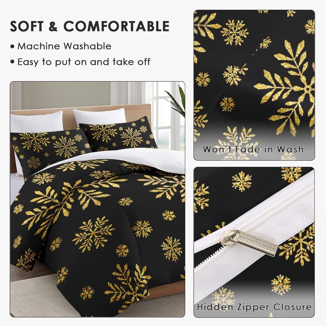 Juego de funda de edredón, diseño de copos de nieve dorados para niños y adultos, decoración de dormitorio, juego de funda de edredón de Navidad con