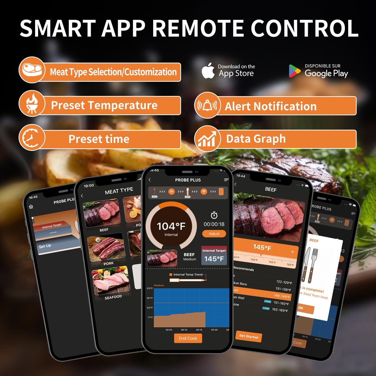 Termómetro de carne verdaderamente inalámbrico, termómetro digital Bluetooth para horno con control de aplicación, alcance remoto de 393.7 ft393