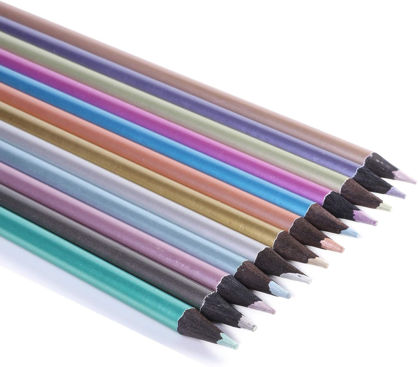 12 lápices de colores metálicos, 12 colores, no tóxicos, lápices de colores preafilados, lápices de dibujo de madera negra, kit de lápices de