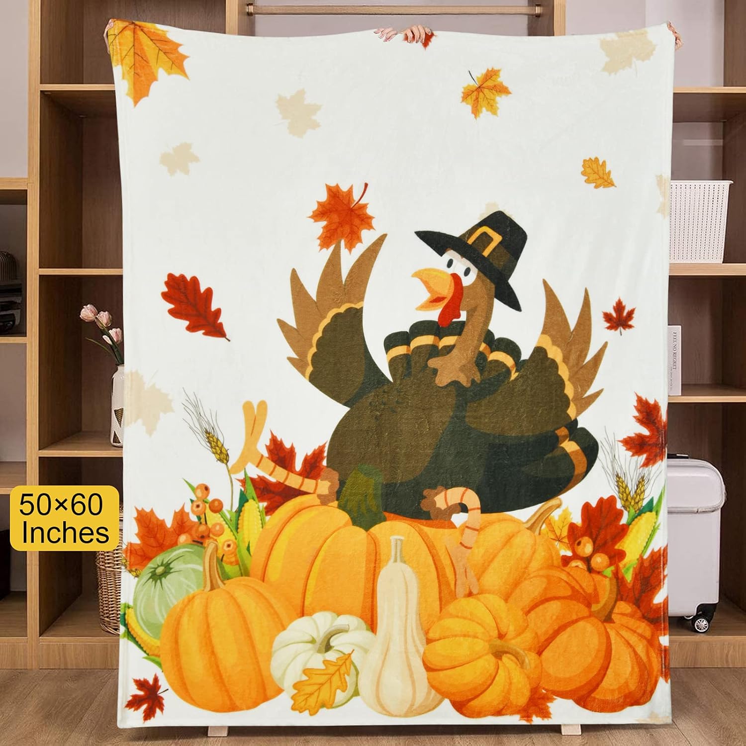 Manta de Acción de Gracias con bolsa de regalo, bonita manta de pavo de otoño para adultos, suave y cómoda manta de vellón de calabazas para sofá