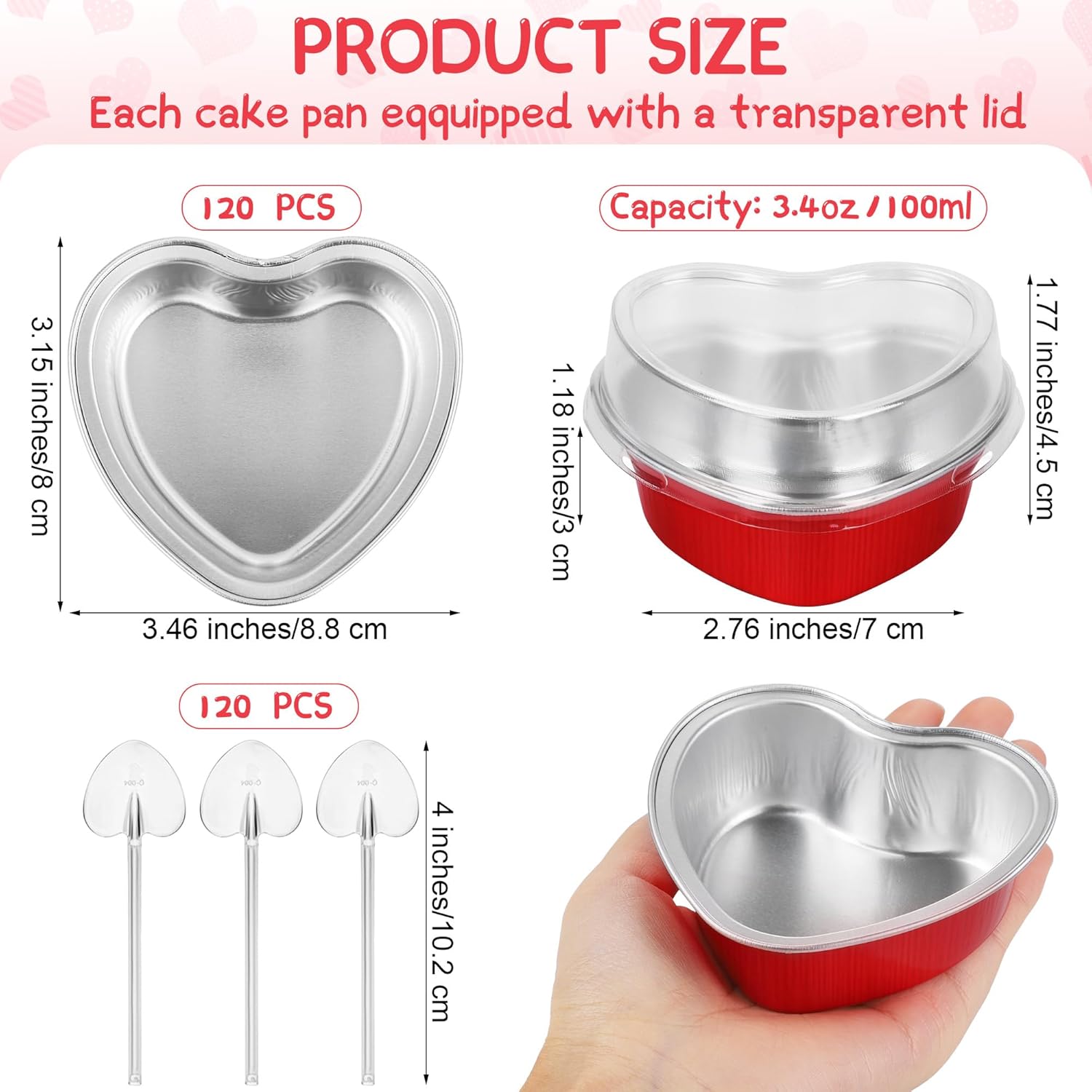 120 piezas de 3.4 onzas de 3.4 onzas en forma de corazón de San Valentín con tapas y cucharas, mini moldes de papel de aluminio para pasteles,