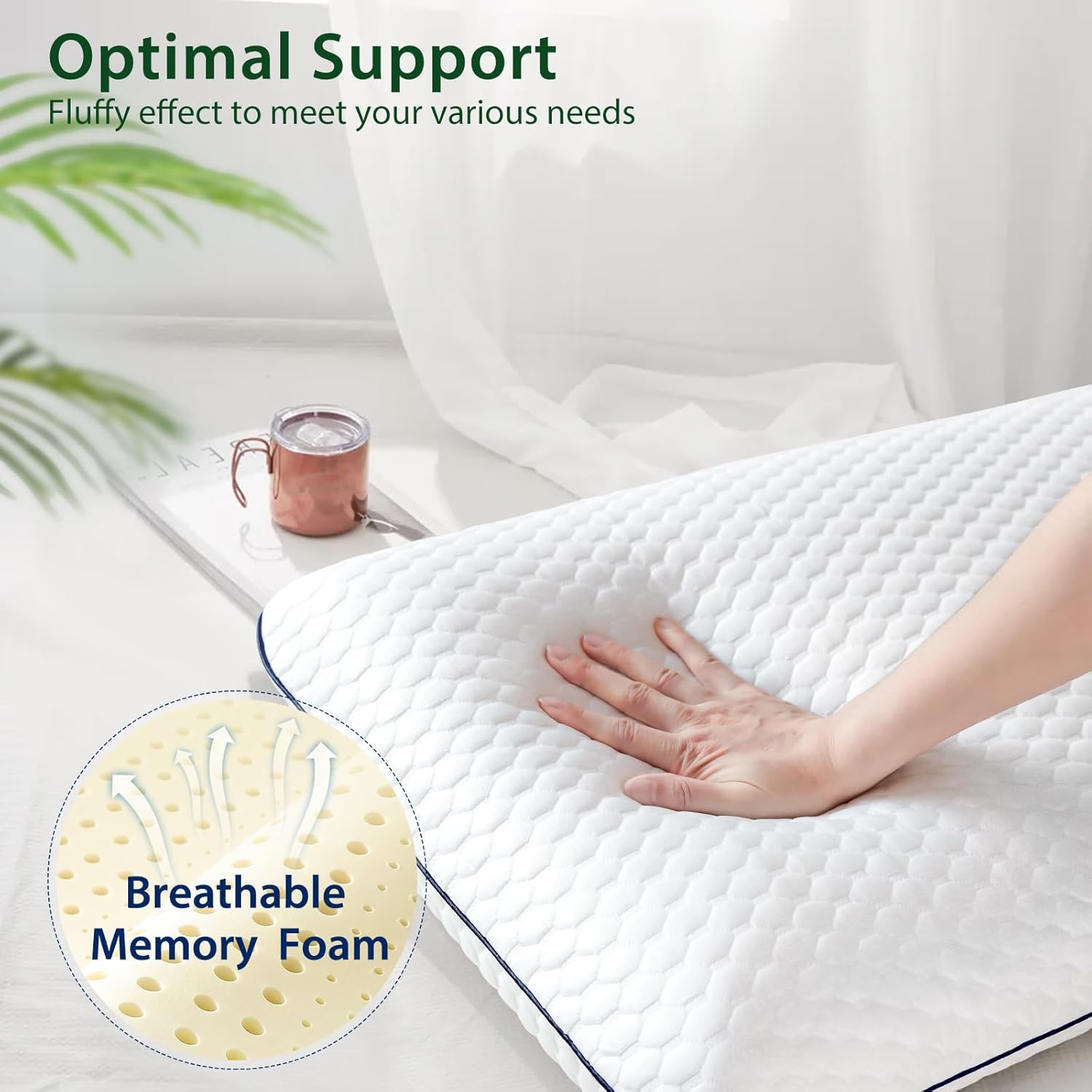 OTOSTAR Almohada de espuma viscoelástica, almohada de cama refrescante y ventilada con funda de almohada refrescante lavable, almohada de espuma