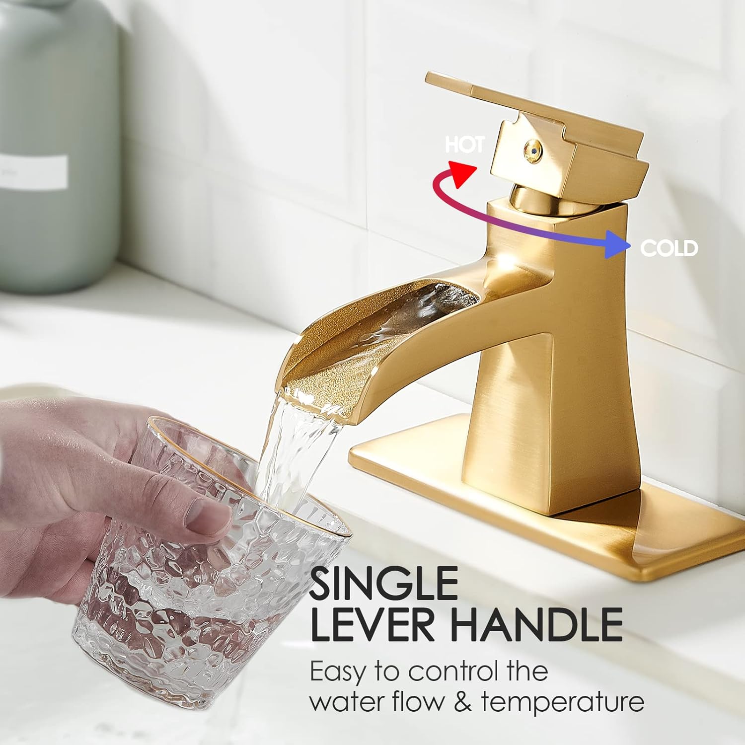 Grifo de baño dorado cepillado de un solo agujero, moderno grifo de lavabo de baño de cascada, grifos de tocador de baño de una sola manija con