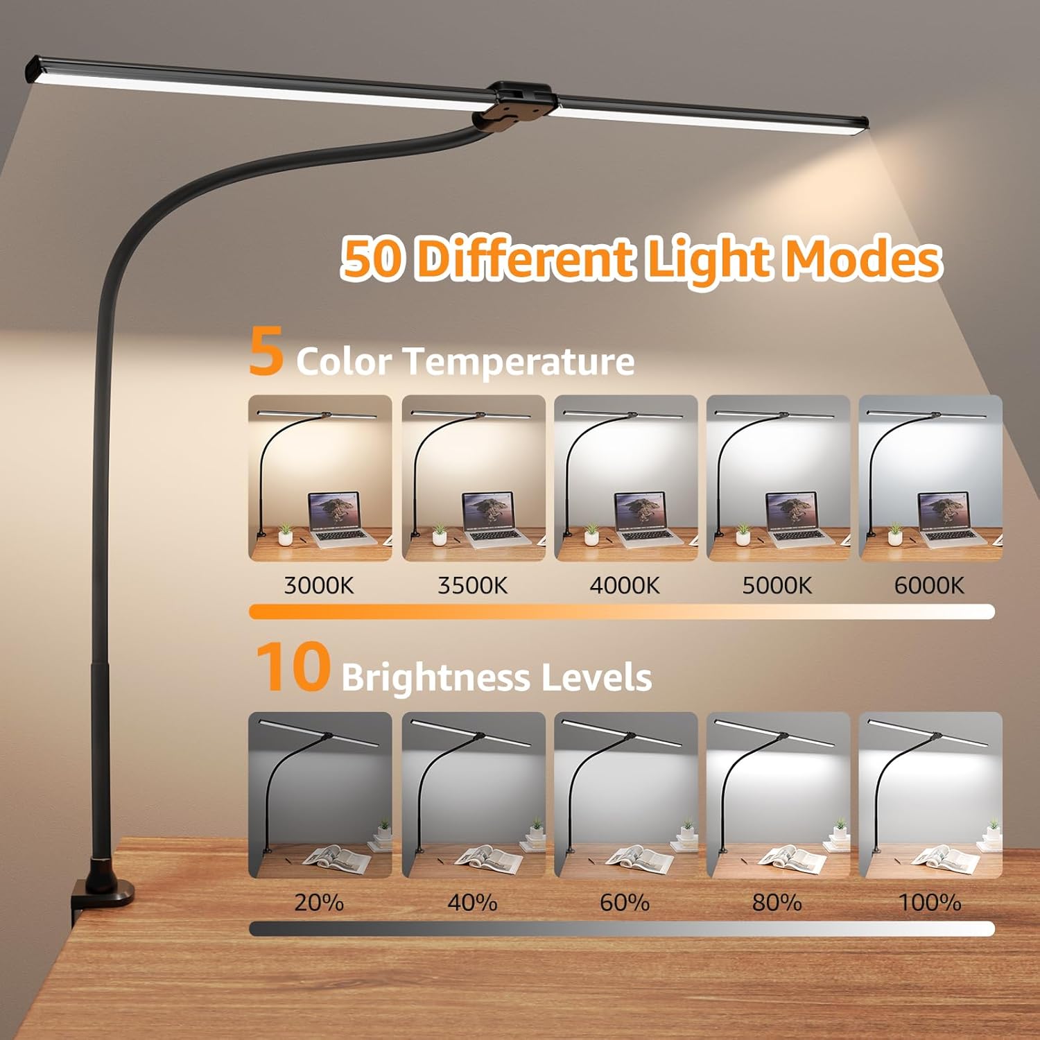 ShineTech Led Desk Lamp for Office Home, Bright Double Head Desk Light with Clamp, Architect Task Lamp 50 Lighting Modes Adjustable Flexible