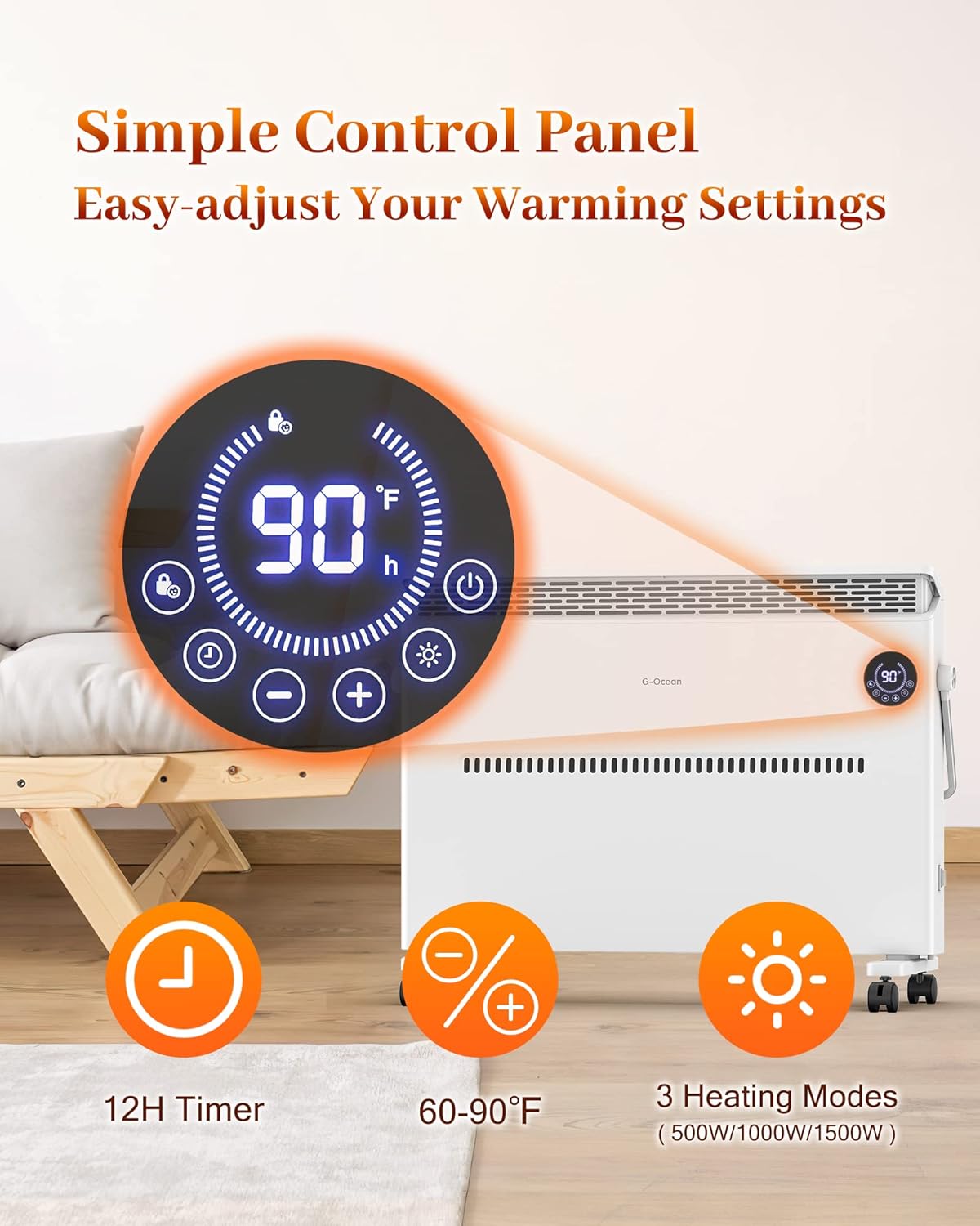 G-Ocean Calentador de espacio para habitaciones grandes, calentador de panel de convección de 1500 W, calefacción silenciosa para uso en interiores,