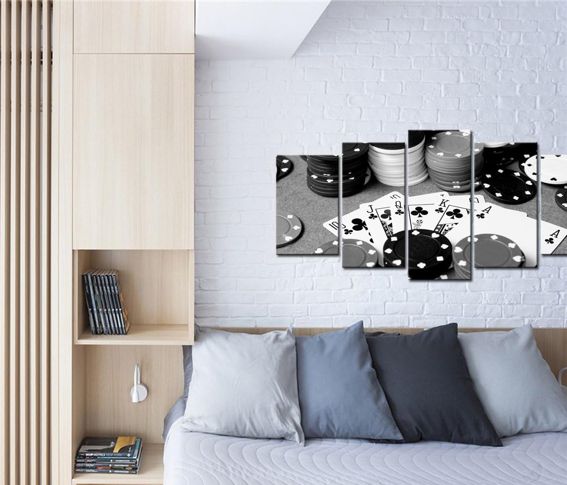 LevvArts – 5 impresiones en lienzo de póquer en blanco y negro, arte de pared para decoración de pared de pub, bar, casino, estirado y enmarcado,