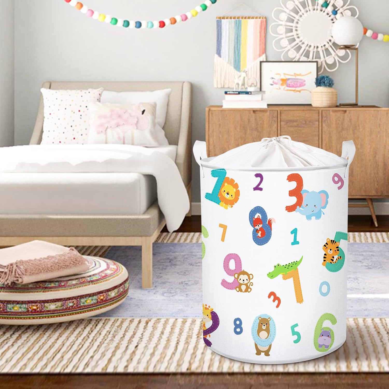 Clastyle Cesta de almacenamiento de ropa para niños, diseño de jirafa, mono, elefante, león, cocodrilo, ardilla, blanco, redondo, para guardar ropa,