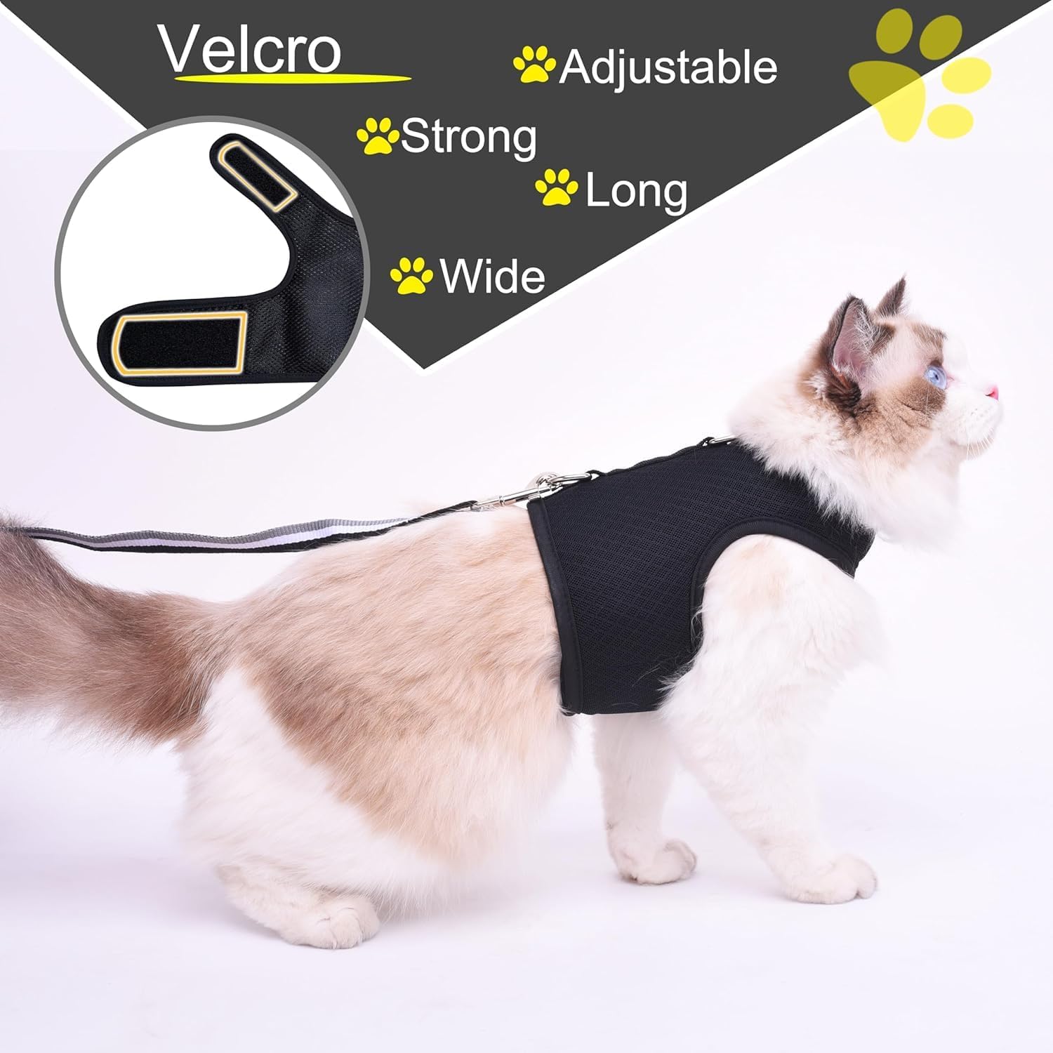 Arnés de gatito y correa para caminar a prueba de escape, tela de malla transpirable, negro sólido, pequeño, chaquetas ajustables para caminar,
