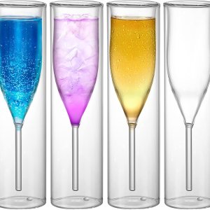 Copas de flauta de champán de doble pared, 4 copas creativas de cristal transparente, copas de tostar sopladas a mano para catering, bodas, fiestas, Copas de flauta de champán de doble pared, 4 copas creativas de cristal transparente, copas de tostar sopladas a mano para catering, bodas, fiestas,