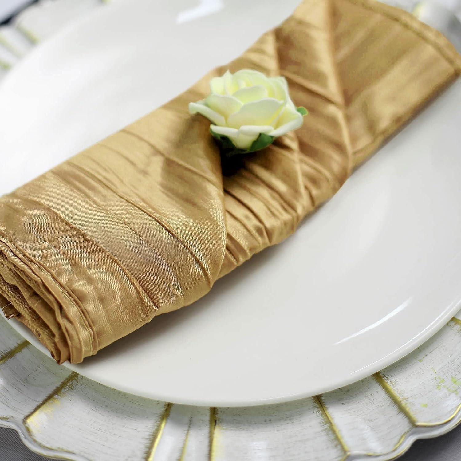 Efavormart – Paquete de 5 servilletas de tafetán arrugado de acordeón dorado, brillo metálico impecable, perfectas para ceremonias de boda,