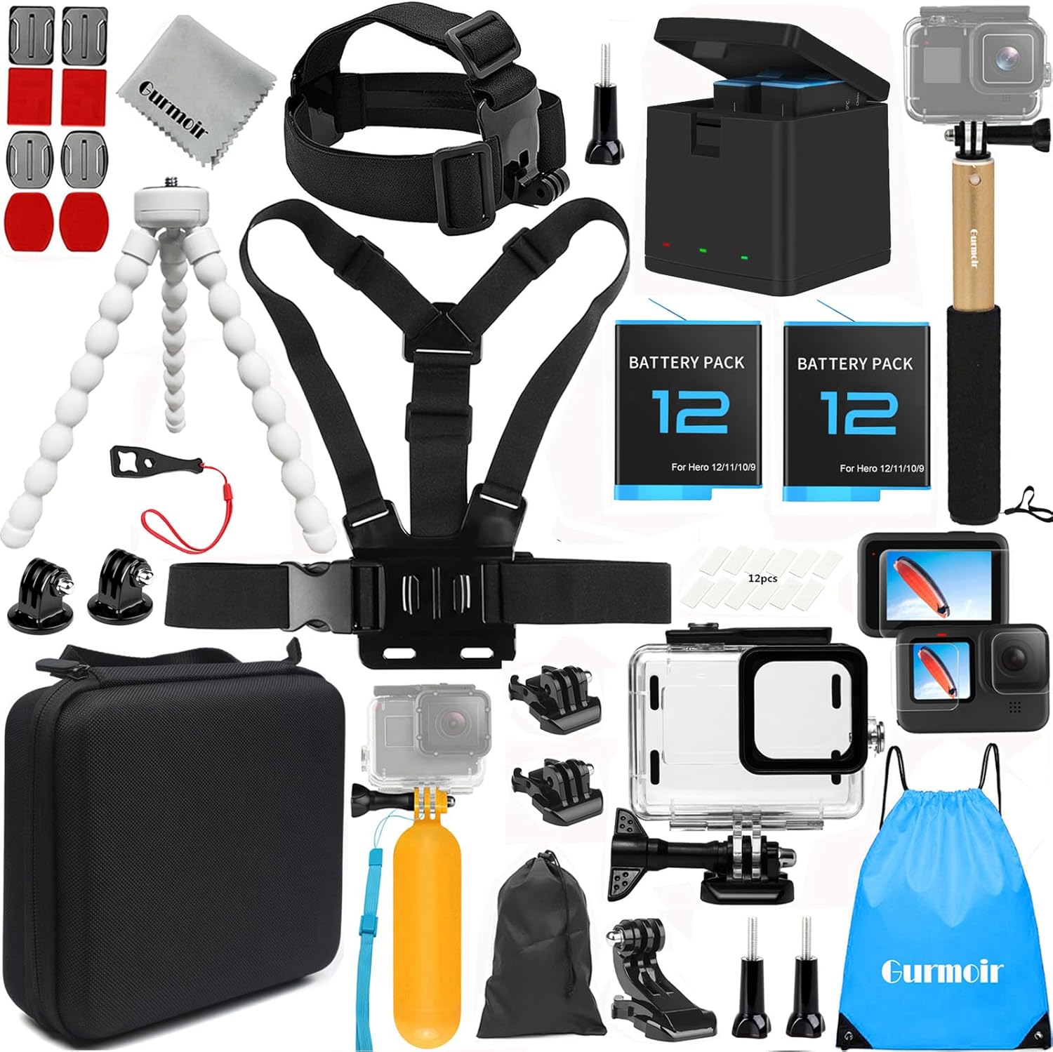 Gurmoir Hero – Kit de accesorios para cámara GoPro Hero 12 11 10 9 negro, 2 baterías de 3 canales, estación de carga impermeable para cámara Go Pro