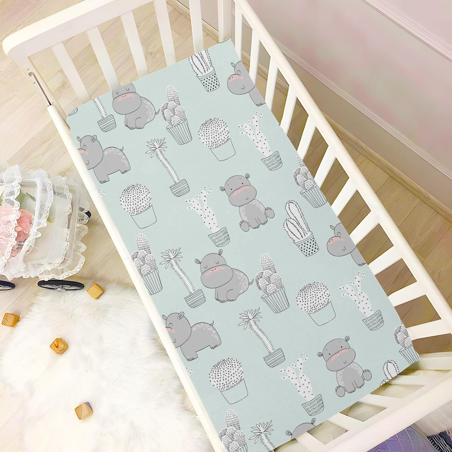 Caikeny Sábana bajera ajustable para cuna para niños y niñas, diseño de cactus, hipopótamos para cuna, sábanas para cuna para niños pequeños, recién